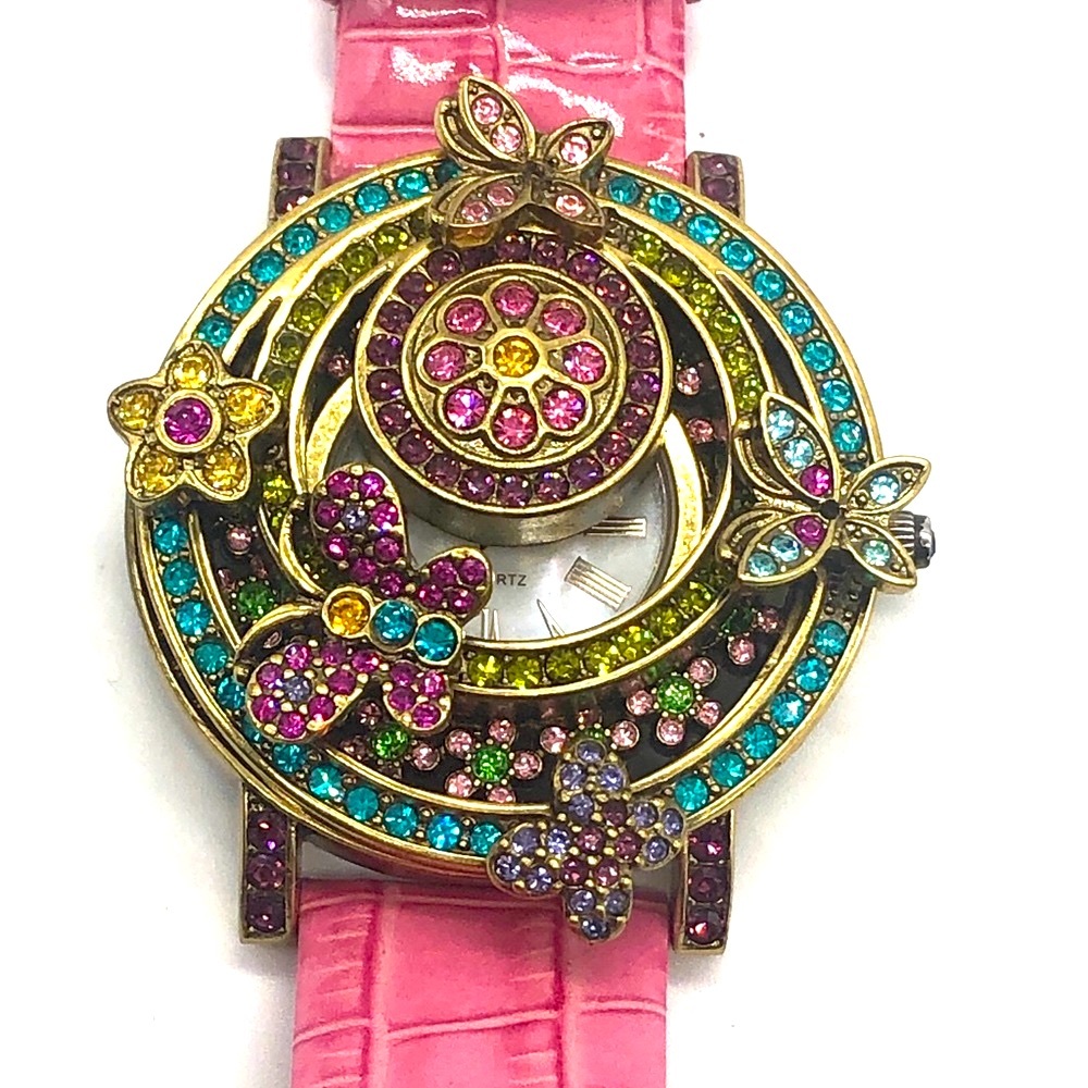 Heidi Daus Vintage “Butterflies & Flowers” flipup pink watch Swarovski Crystals